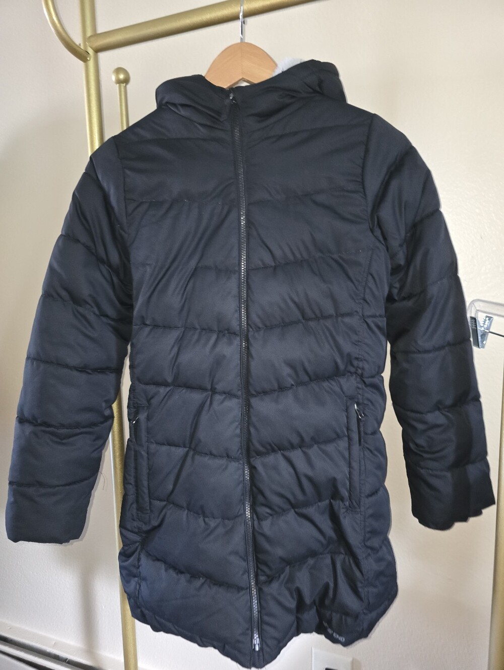 LANDS END Puffer Coat Long Zip Hooded Black Winter Girl’s Size XL 14/16